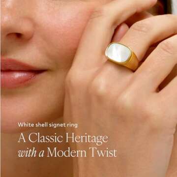 Gold Chunky Signet Ring for Women Men, White Fresh-Water Mother of Pearl Shell, Stackable Statement ...
