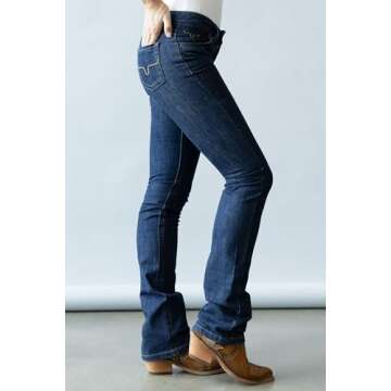 Kimes Ranch Women's Betty Western Style Bootcut Mid-Rise Straight Fit Durable Shape-Saving Dark Blue Riding Jeans, 00-34