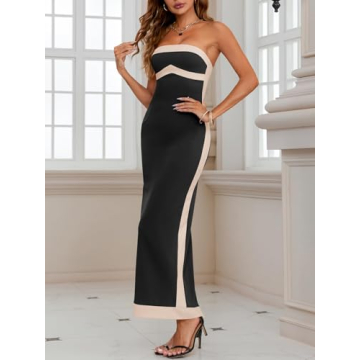 Fisoew Womens Strapless Bodycon Dress Sexy Contrast Color Off Shoulder Party Tube Maxi Dresses Black