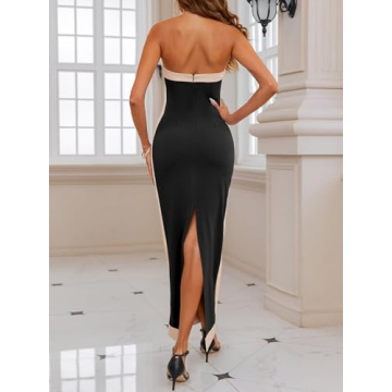Fisoew Womens Strapless Bodycon Dress Sexy Contrast Color Off Shoulder Party Tube Maxi Dresses Black
