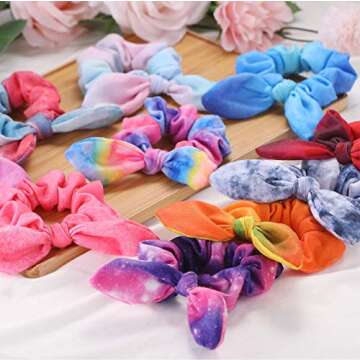 Bow Scrunchies for Hair, Funtopia 12 Pcs Cute Rabbit Bunny Ear Scrunchies, Fashion Colorful Tie Dye Scrunchy Hair Ties Bowknot Ponytail Holders for Women Girls Kids