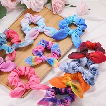 Bow Scrunchies for Hair, Funtopia 12 Pcs Cute Rabbit Bunny Ear Scrunchies, Fashion Colorful Tie Dye Scrunchy Hair Ties Bowknot Ponytail Holders for Women Girls Kids