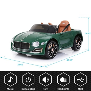 SEHOMY Kids Ride on car with Remote Control 12V, Bentley Style Electric Car Kids Battery Powered Motorized Vehicles with Seat, 2 Speed, LED Lights, MP3, Music, Horn, TF Card, USB Port, Green