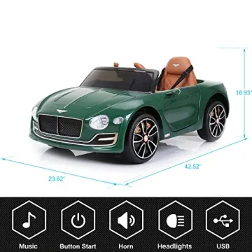 SEHOMY Kids Ride on car with Remote Control 12V, Bentley Style Electric Car Kids Battery Powered Motorized Vehicles with Seat, 2 Speed, LED Lights, MP3, Music, Horn, TF Card, USB Port, Green