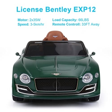 SEHOMY Kids Ride on car with Remote Control 12V, Bentley Style Electric Car Kids Battery Powered Motorized Vehicles with Seat, 2 Speed, LED Lights, MP3, Music, Horn, TF Card, USB Port, Green