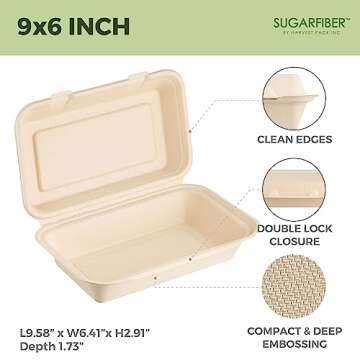 [50 COUNT]Sugarfiber by Harvest Pack 9 X 6" Compostable Clamshell Food Containers, Heavy-Duty Hinged...