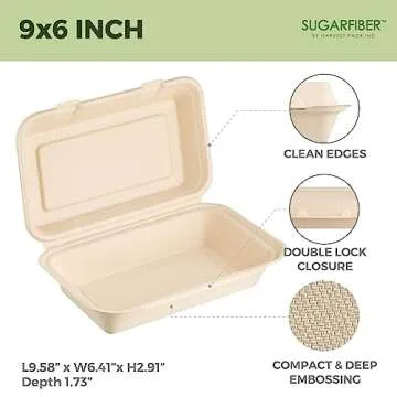 [50 COUNT]Sugarfiber by Harvest Pack 9 X 6" Compostable Clamshell Food Containers, Heavy-Duty Hinged...