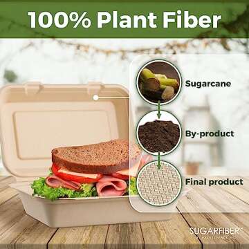 [50 COUNT]Sugarfiber by Harvest Pack 9 X 6" Compostable Clamshell Food Containers, Heavy-Duty Hinged Container, Disposable Bagasse Eco-Friendly Natural Takeout to go Box, Made from Sugarcane Plant