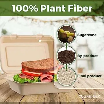 [50 COUNT]Sugarfiber by Harvest Pack 9 X 6" Compostable Clamshell Food Containers, Heavy-Duty Hinged Container, Disposable Bagasse Eco-Friendly Natural Takeout to go Box, Made from Sugarcane Plant