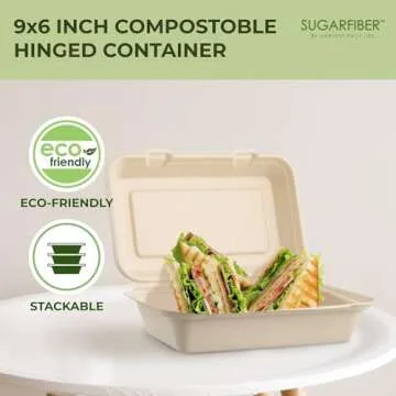 [50 COUNT]Sugarfiber by Harvest Pack 9 X 6" Compostable Clamshell Food Containers, Heavy-Duty Hinged Container, Disposable Bagasse Eco-Friendly Natural Takeout to go Box, Made from Sugarcane Plant