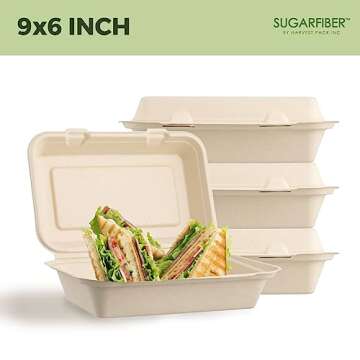 [50 COUNT]Sugarfiber by Harvest Pack 9 X 6" Compostable Clamshell Food Containers, Heavy-Duty Hinged Container, Disposable Bagasse Eco-Friendly Natural Takeout to go Box, Made from Sugarcane Plant
