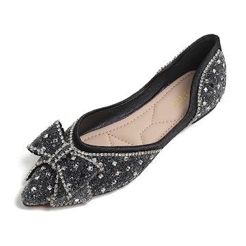 QXCGDYXT Flats for Women Rhinestone Sequins Dress Shoes Fashion Bow Sparkly Wedding Shoes Comfort Sl...