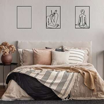 3 Pcs Wall Art Decor Modern Minimalist Wall Decor Abstract Metal Wall Art Large Rustic Wall Sculptures Single Line Minimalist Decor Hanging Women's Body Outline Decor for Bedroom Living Room (Black)