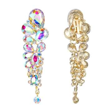 EVER FAITH Women's Austrian Crystal Tear Drop Clip-on Dangle Earrings Iridescent Clear AB Gold-Tone