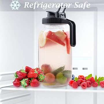 Mason Jar Pitcher 64 OZ Wide Mouth Jars With Pour Spout Lids Airtight Leak-proof 2 Quart Glass Pitcher With Handle For Iced Tea, Milk, Sun Tea, Lemonade,Iced Coffee