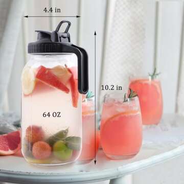 Mason Jar Pitcher 64 OZ Wide Mouth Jars With Pour Spout Lids Airtight Leak-proof 2 Quart Glass Pitcher With Handle For Iced Tea, Milk, Sun Tea, Lemonade,Iced Coffee