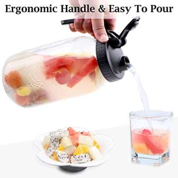 Mason Jar Pitcher 64 OZ Wide Mouth Jars With Pour Spout Lids Airtight Leak-proof 2 Quart Glass Pitcher With Handle For Iced Tea, Milk, Sun Tea, Lemonade,Iced Coffee