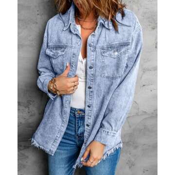 Vetinee Oversized Denim Jacket for Women with Pockets