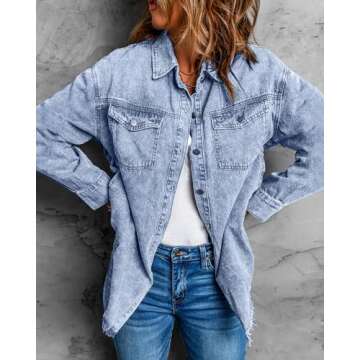 Vetinee Oversized Denim Jacket for Women with Pockets