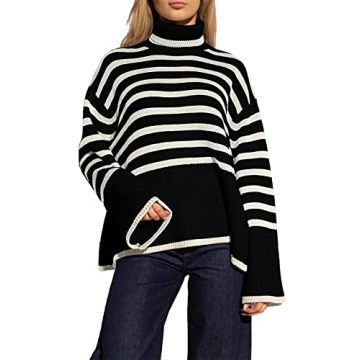 Women's Striped Turtleneck Sweater Long Sleeve Oversized Knitted Soft Pullover Sweaters Side Split B...