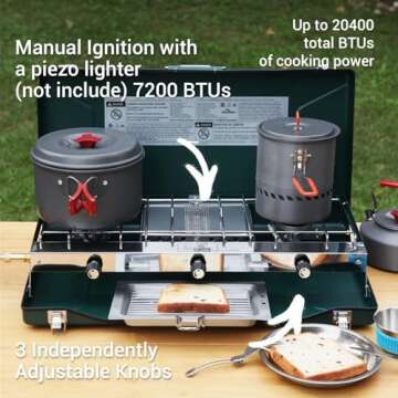 FineFlame Camping Stove 3 Burner 20400 BTU Propane Portable Stove with Regulator, Toast Tray, Windsh...