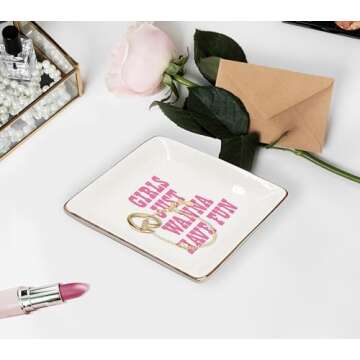 WODMIS Pink Ceramic Jewelry Storage Tray, Preppy Western Style, Ideal Graduation Birthday Gift for Women Girls