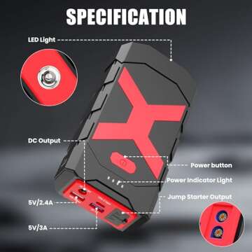 Jump Starter 2000A for Car/Boat/Lawnmower(8.0L Gas/6.5L Diesel Engine) 12V Car Battery Jump Starter Battery Jumper Starter Portable with Jump Cables/Wall Charger/USB Cable