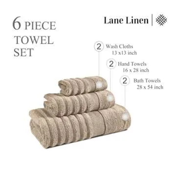 LANE LINEN Bath Towel Set - Soft and Absorbent, Ribbed, 100% Cotton Towels for Bathroom, Hotel, Body & Spa - 2 Bath Towels Large Size, 2 Bathroom Hand Towel and 2 Wash Cloths (6 Piece Set) - Taupe