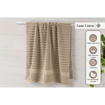 LANE LINEN Bath Towel Set - Soft and Absorbent, Ribbed, 100% Cotton Towels for Bathroom, Hotel, Body & Spa - 2 Bath Towels Large Size, 2 Bathroom Hand Towel and 2 Wash Cloths (6 Piece Set) - Taupe