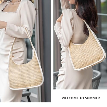 LADIHAB Woven Casual Tote Bags Shoulder Bag Small Beach Straw Bag for Women Hobo Handbags for daily use and Outdoor Vacation (Brown)