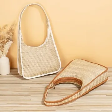 LADIHAB Woven Casual Tote Bags Shoulder Bag Small Beach Straw Bag for Women Hobo Handbags for daily use and Outdoor Vacation (Brown)