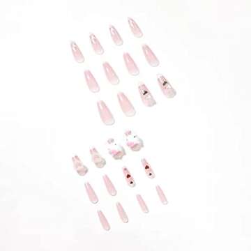 Nail Apparel Y2K Long Coffin Cute Kawaii Press on Nails 3D Cartoon Glitter Rhinestone Heart Pearl Bo...