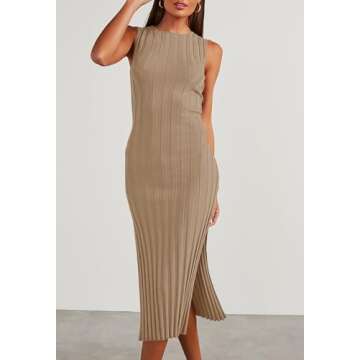 Ferlema Women's 2024 Summer Sweater Dress Sleeveless Crew Neck Side Slit Bodycon Ribbed Elegant Midi Dress Khaki Small