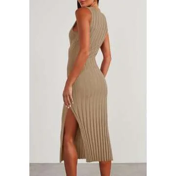 Ferlema Women's 2024 Summer Sweater Dress Sleeveless Crew Neck Side Slit Bodycon Ribbed Elegant Midi Dress Khaki Small