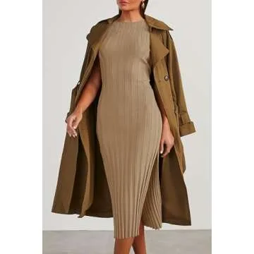 Ferlema Women's 2024 Summer Sweater Dress Sleeveless Crew Neck Side Slit Bodycon Ribbed Elegant Midi Dress Khaki Small