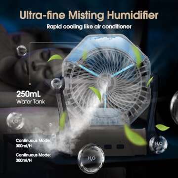 Ausic Portable Misting fan, 10000mAh USB Rechargeable Battery Powered Fan with Mister, 8-Inch Cooling Mist Fan with 250mL Water Tank & LED Lantern, for Home Desk (White)