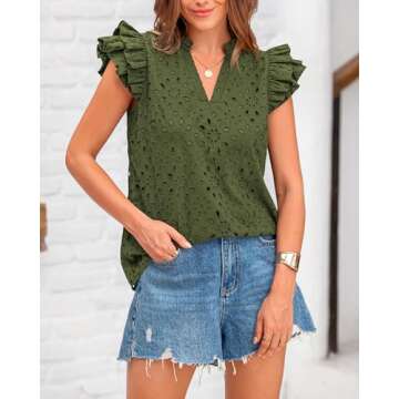 BTFBM Women Summer Eyelet Tops Dressy Casual V Neck Ruffle Cap Sleeve Cotton Boho Shirts Lace Embroi...