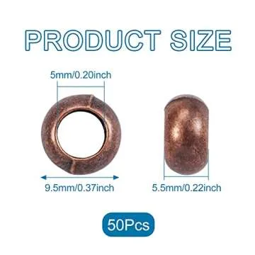 Fashewelry 50Pcs Red Copper European Rondelle Ring Spacer Beads Tibetan Large Hole Flat Round Donut Metal Beads 5.5x9.5mm for Leather Macrame Jewelry Bracelet Necklace Making Hole: 5mm