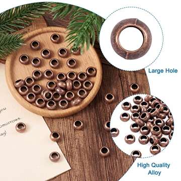 Fashewelry 50Pcs Red Copper European Rondelle Ring Spacer Beads Tibetan Large Hole Flat Round Donut Metal Beads 5.5x9.5mm for Leather Macrame Jewelry Bracelet Necklace Making Hole: 5mm