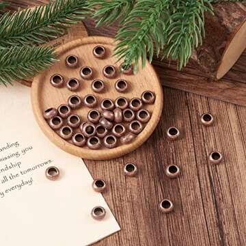 Fashewelry 50Pcs Red Copper European Rondelle Ring Spacer Beads Tibetan Large Hole Flat Round Donut Metal Beads 5.5x9.5mm for Leather Macrame Jewelry Bracelet Necklace Making Hole: 5mm