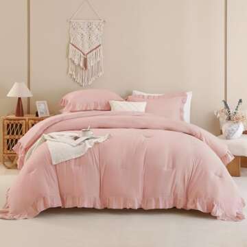 Andency Blush Pink Ruffle Comforter Full, 3 Pieces Rustic Farmhouse Shabby Chic Comforter Set, Vintage Lightweight Soft Microfiber Down Alternative Bedding Comforter Set