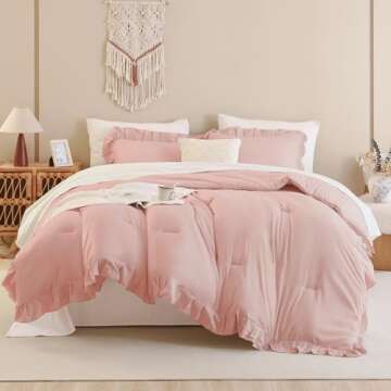 Andency Blush Pink Ruffle Comforter Full, 3 Pieces Rustic Farmhouse Shabby Chic Comforter Set, Vintage Lightweight Soft Microfiber Down Alternative Bedding Comforter Set