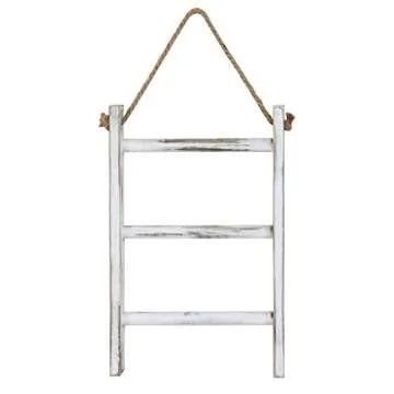 MyGift Rustic Whitewashed Solid Wood Wall Hanging Hand Towel Ladder Drying Rack, 3 Tier Bathroom Washcloth Hand Towel Storage Rack with Hanger Rope