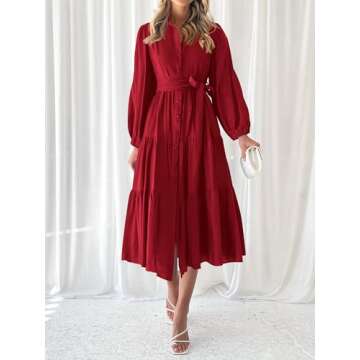 MASCOMODA Womens Dresses 2024 Fall Long Sleeve Midi Dress Casual V Neck Button Down Tiered Flowy Aline Tie Waist Shirt Dress(Red,Small)