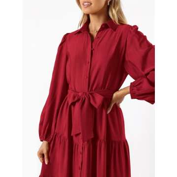 MASCOMODA Womens Dresses 2024 Fall Long Sleeve Midi Dress Casual V Neck Button Down Tiered Flowy Aline Tie Waist Shirt Dress(Red,Small)