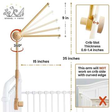 Crib Mobile Arm - 3D 360° Adjustable Wooden Baby Mobile Hanger for Crib (31 inch, 100% Natural Beec...