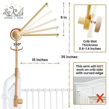 Crib Mobile Arm - 3D 360° Adjustable Wooden Baby Mobile Hanger for Crib (31 inch, 100% Natural Beec...