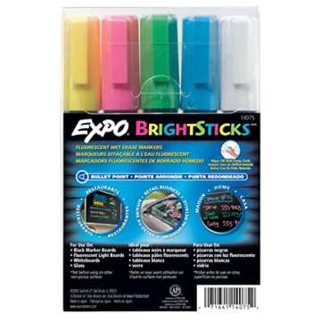 EXPO Bright Sticks Wet Erase Fluorescent Markers, Bullet Tip, Assorted Colors, 5 Count