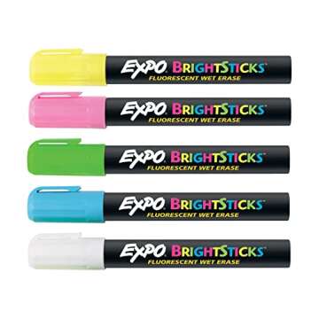 EXPO Bright Sticks Wet Erase Fluorescent Markers, Bullet Tip, Assorted Colors, 5 Count