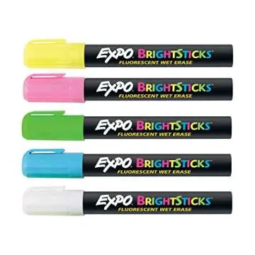 EXPO Bright Sticks Wet Erase Fluorescent Markers, Bullet Tip, Assorted Colors, 5 Count